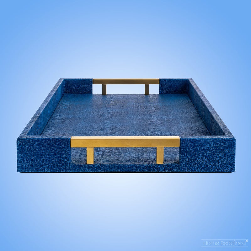 Home Redefined Modern Elegant 17.5â€x12â€ Rectangle Navy Blue Faux Leather Shagreen Decorative Tray Ottoman Tray Coffee Table Perfume Living Room Kitchen Serving Tray with Brass Gold Metal Handles by Home Redefined. - Image 4